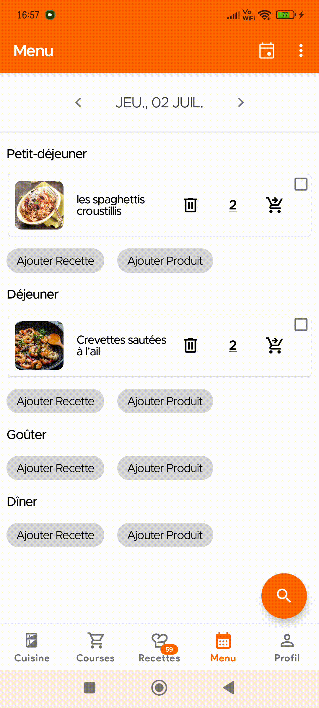 Copying planned meals to another date